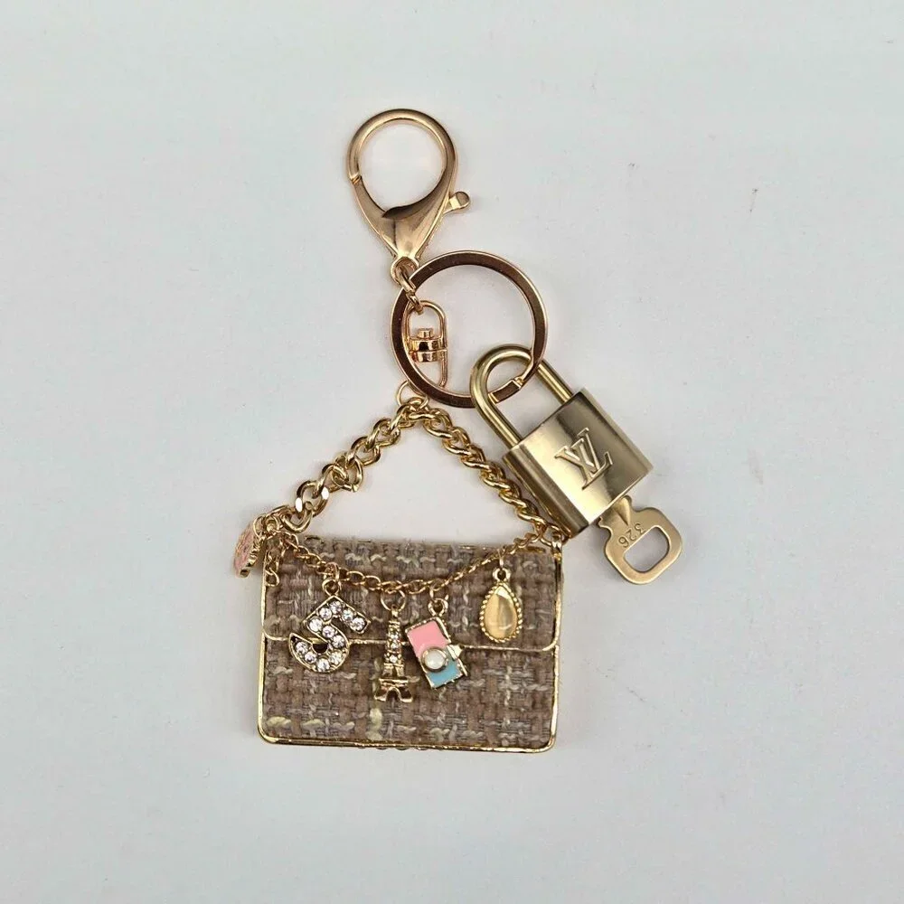 Authentic Louis Vuitton Padlock & Key Gold ✨Unbranded Tweed Bag Charm Keychain